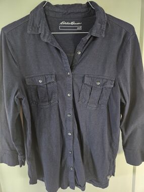 Eddie Bauer Soft Knit Button Up Shirt Navy Casual Lightweight Top